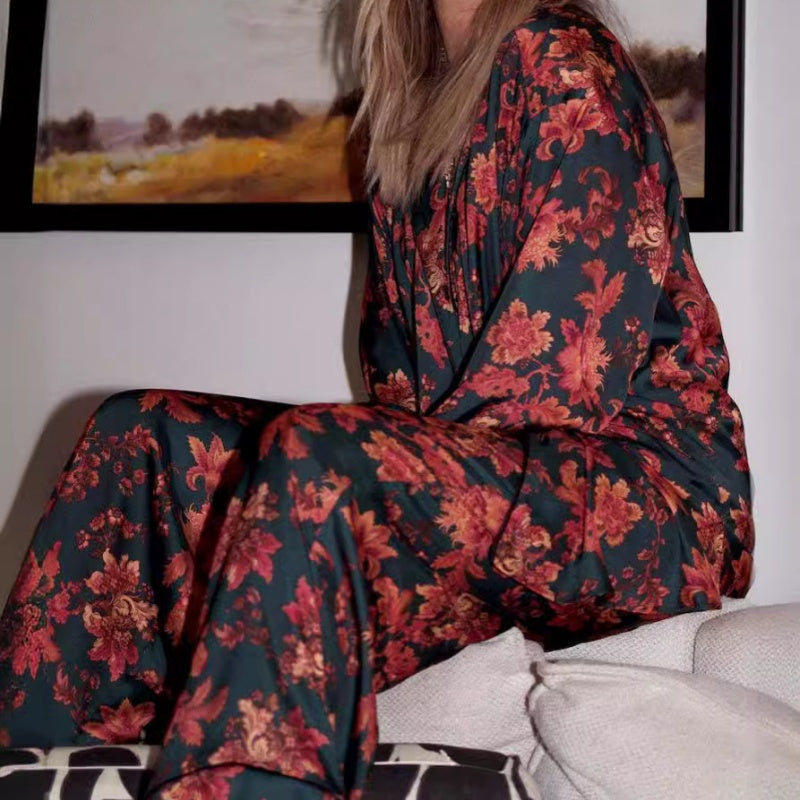 Women's Floral Printed Long Sleeve Pajama Top &Pants Two Piece Set
