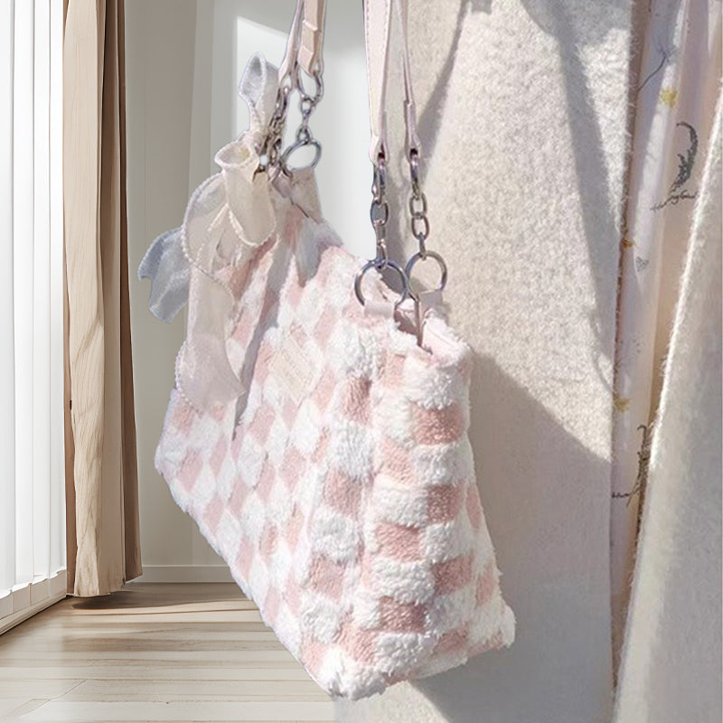 Women's Fashion Plush Plaid Shoulder Tote Bag