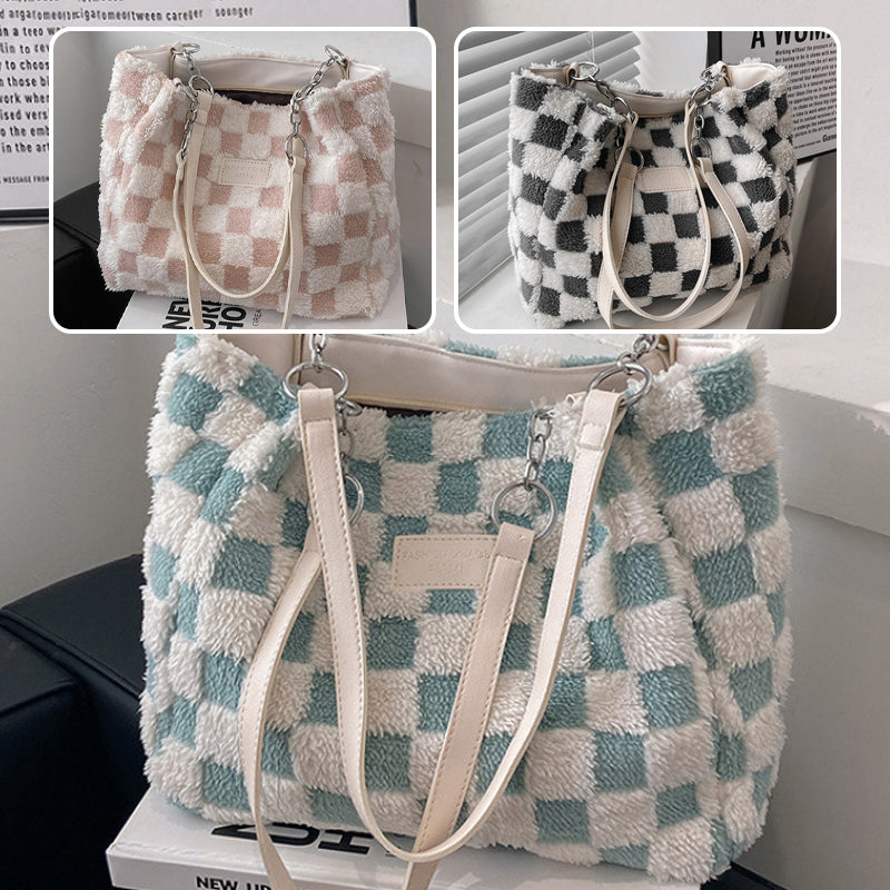 Women's Fashion Plush Plaid Shoulder Tote Bag