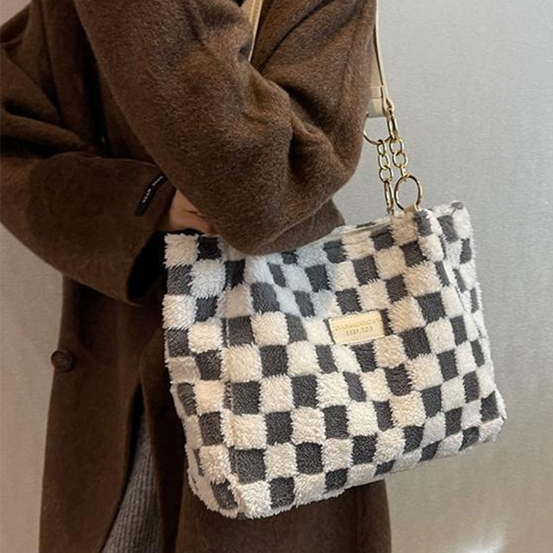 Women's Fashion Plush Plaid Shoulder Tote Bag