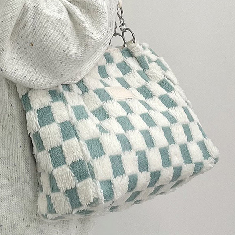 Women's Fashion Plush Plaid Shoulder Tote Bag