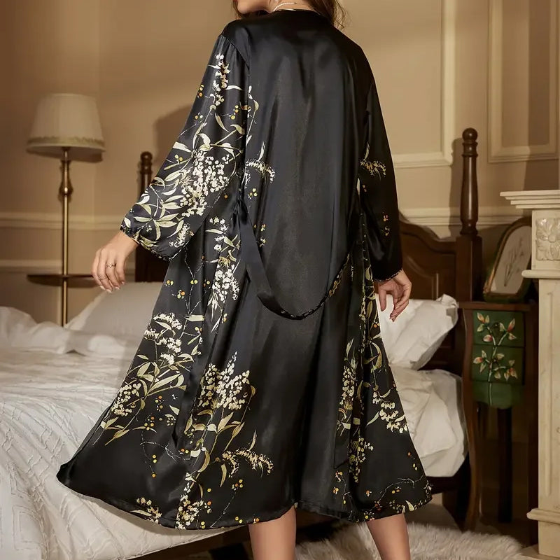 Women's Sexy Pajamas Floral Pattern Sling &Robe Two Piece Set