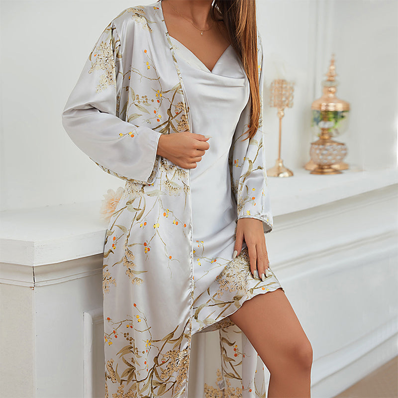 Women's Sexy Pajamas Floral Pattern Sling &Robe Two Piece Set
