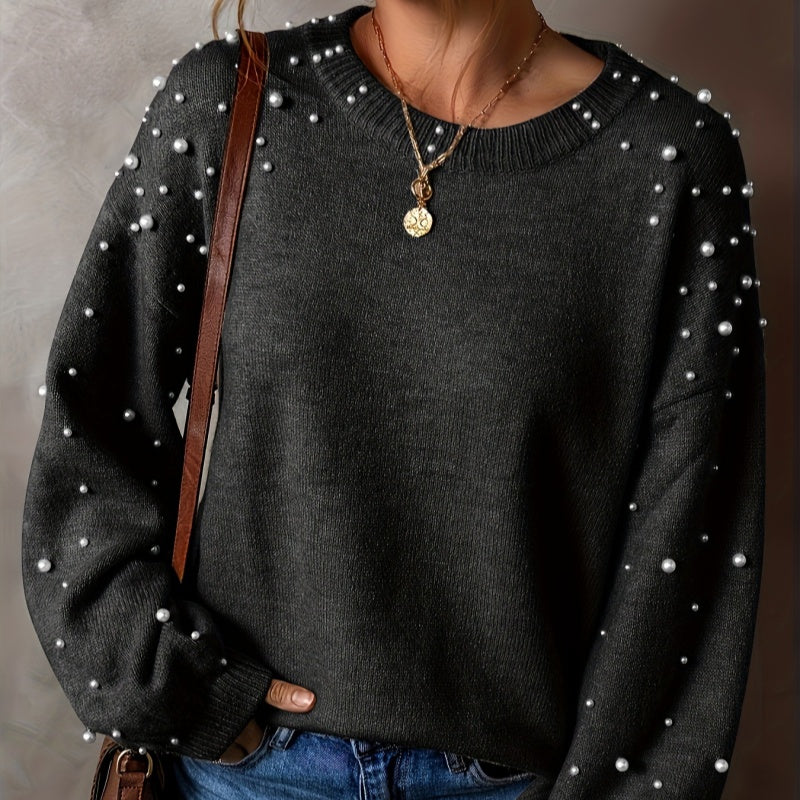 Women's Faux Pearls Round Neck Pullover Sweater