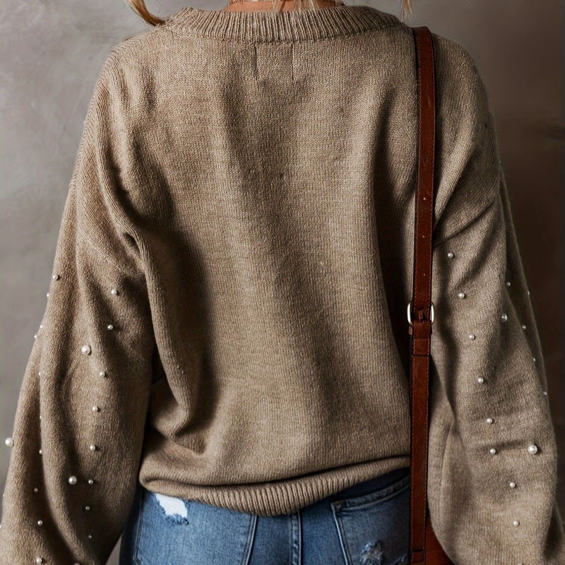 Women's Faux Pearls Round Neck Pullover Sweater