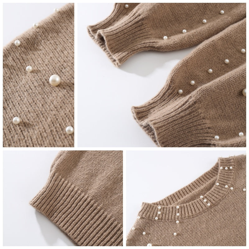 Women's Faux Pearls Round Neck Pullover Sweater