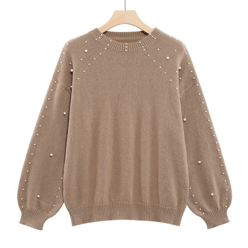 Women's Faux Pearls Round Neck Pullover Sweater