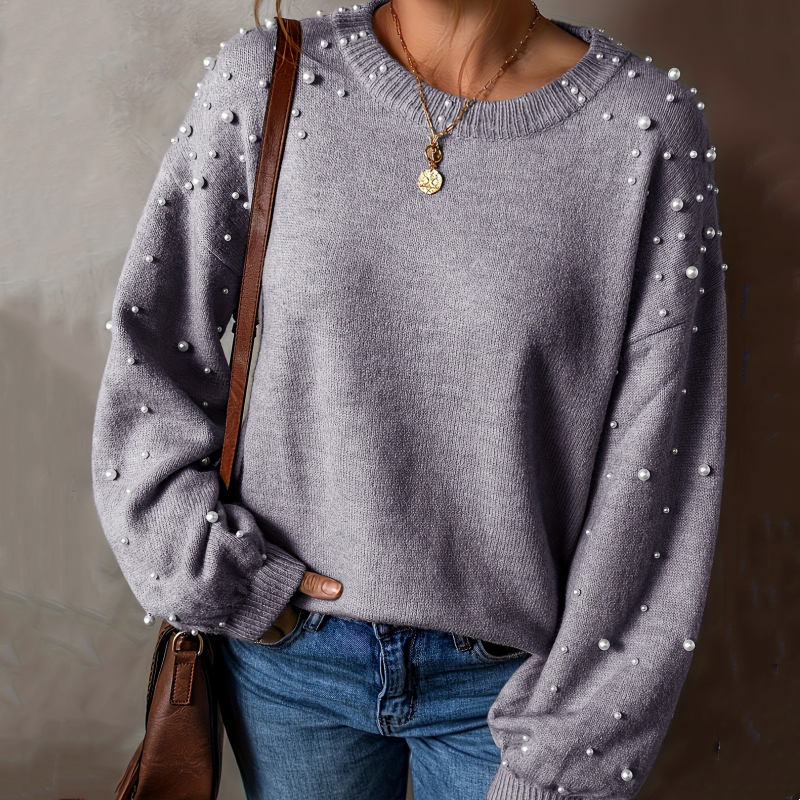 Women's Faux Pearls Round Neck Pullover Sweater