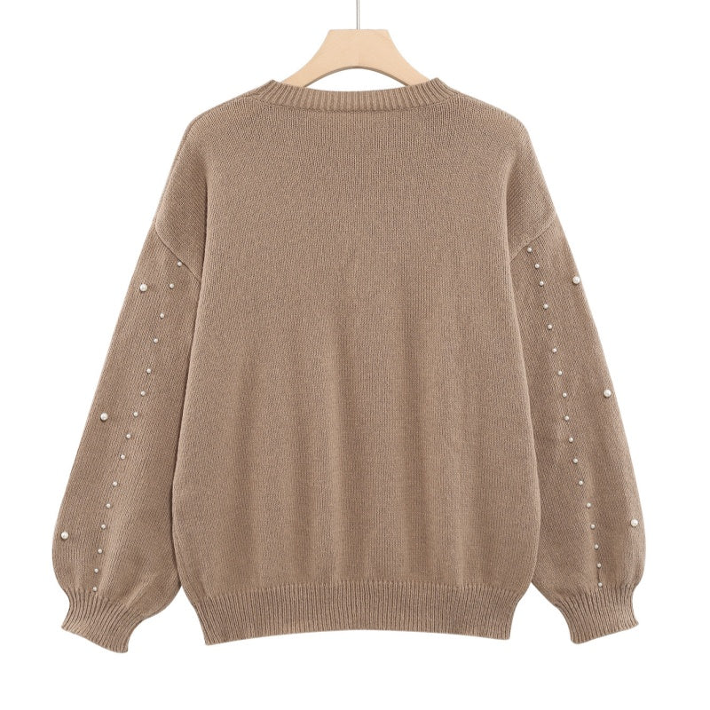 Women's Faux Pearls Round Neck Pullover Sweater