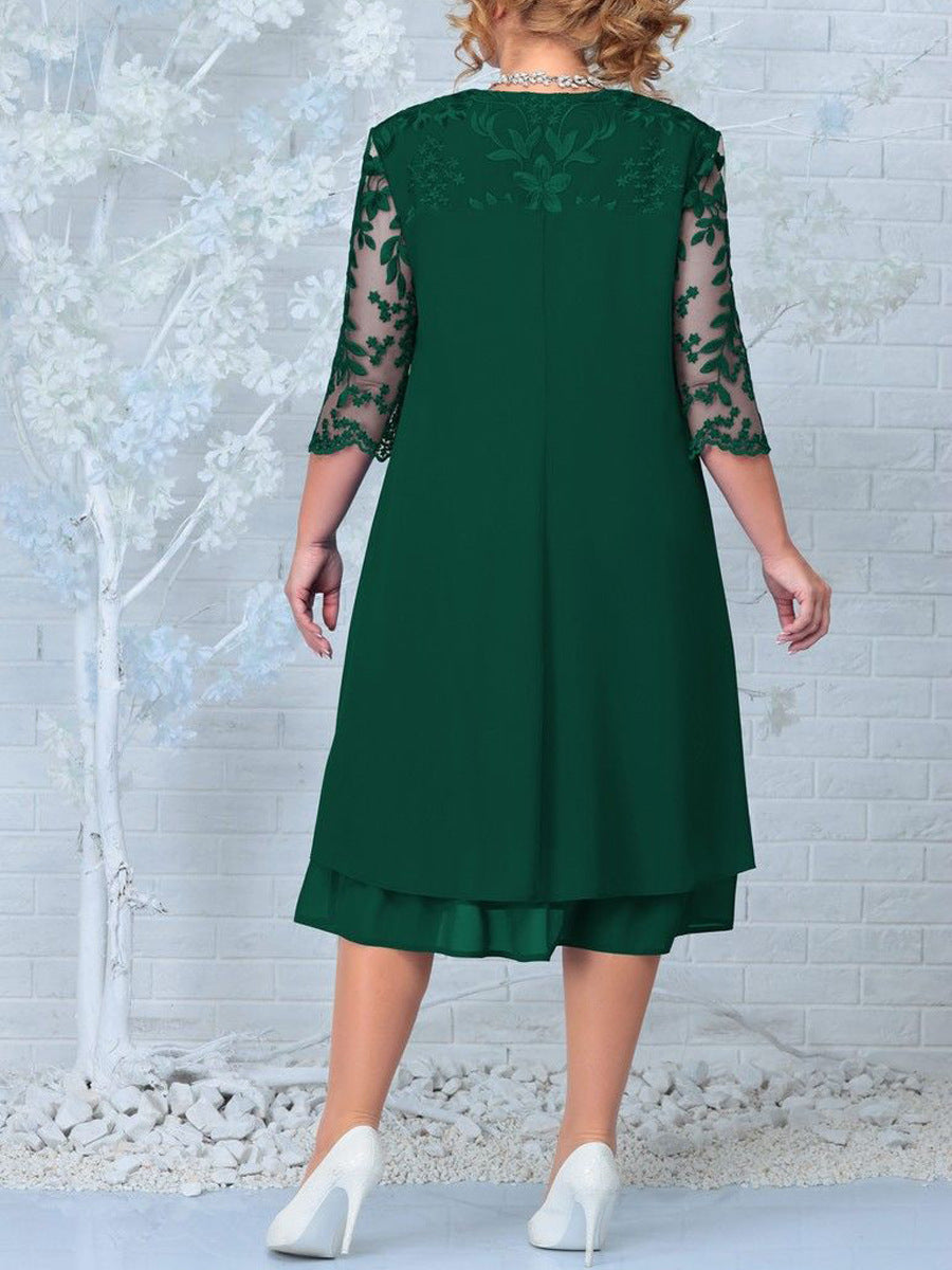 🎁Limited time 49% OFF⏳Women's Embroidered Chiffon Splicing Round Neck Dress