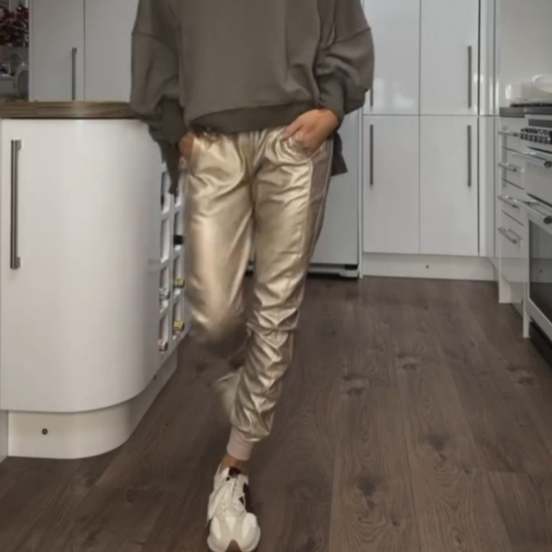 Gold Faux Leather Joggers with Pockets