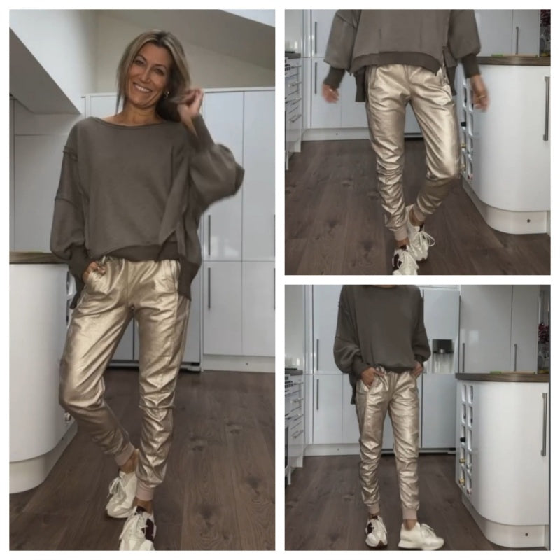 Gold Faux Leather Joggers with Pockets