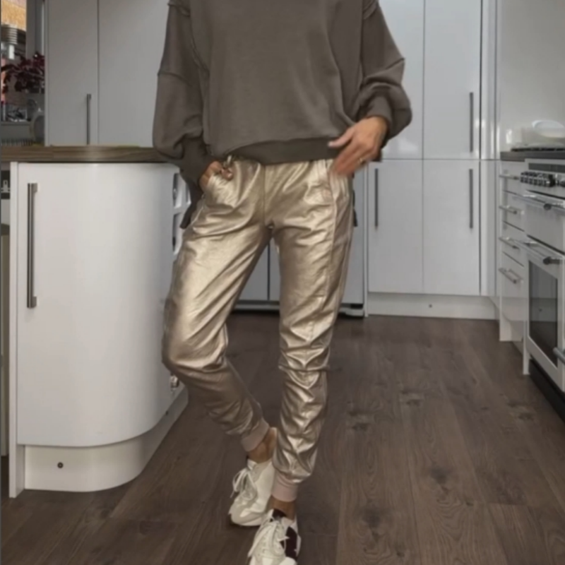Gold Faux Leather Joggers with Pockets