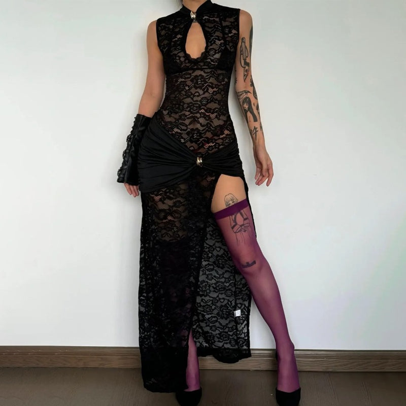 Women’s Lace Hollow Out Slit Maxi Dress