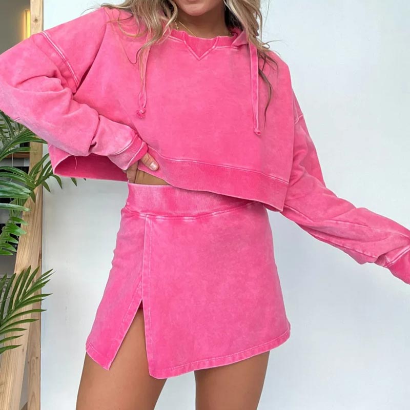 Women’s Washed Hooded Cropped Sweatshirt and Short Skirt 2-piece Set