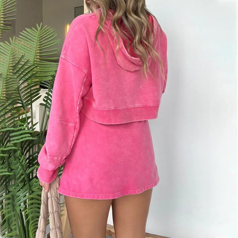 Women’s Washed Hooded Cropped Sweatshirt and Short Skirt 2-piece Set