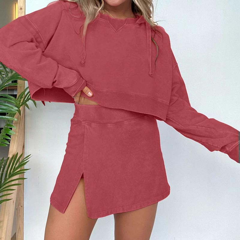 Women’s Washed Hooded Cropped Sweatshirt and Short Skirt 2-piece Set