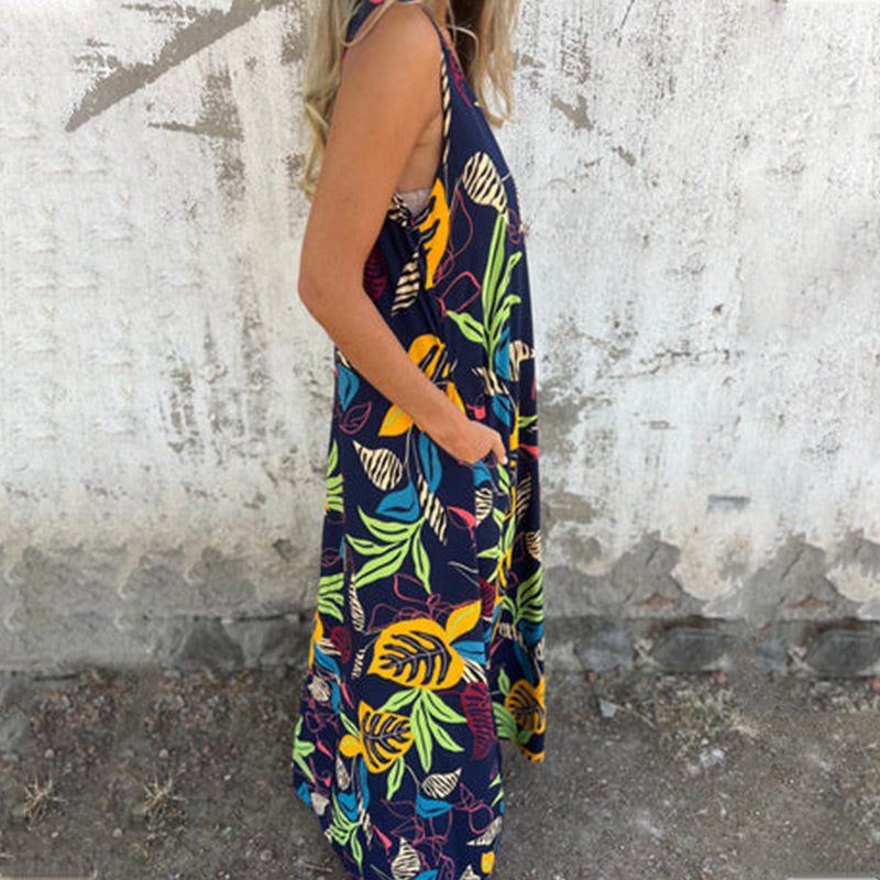Women's Leaves Pattern V-Neck Sleeveless Floor-Length Dress