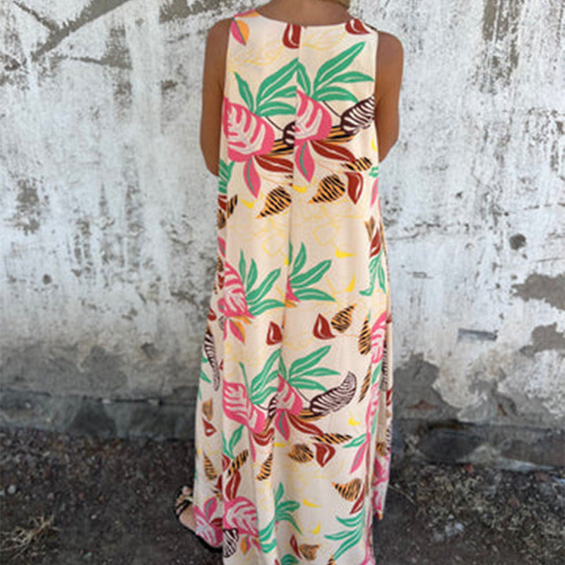 Women's Leaves Pattern V-Neck Sleeveless Floor-Length Dress