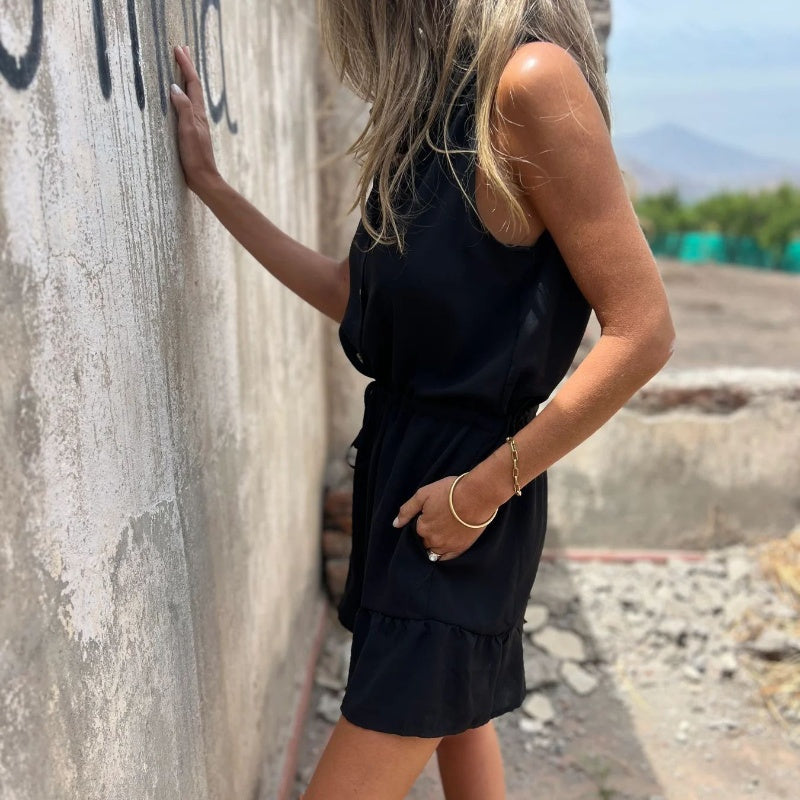 Women’s Belted Button-Down Rompers with Pockets