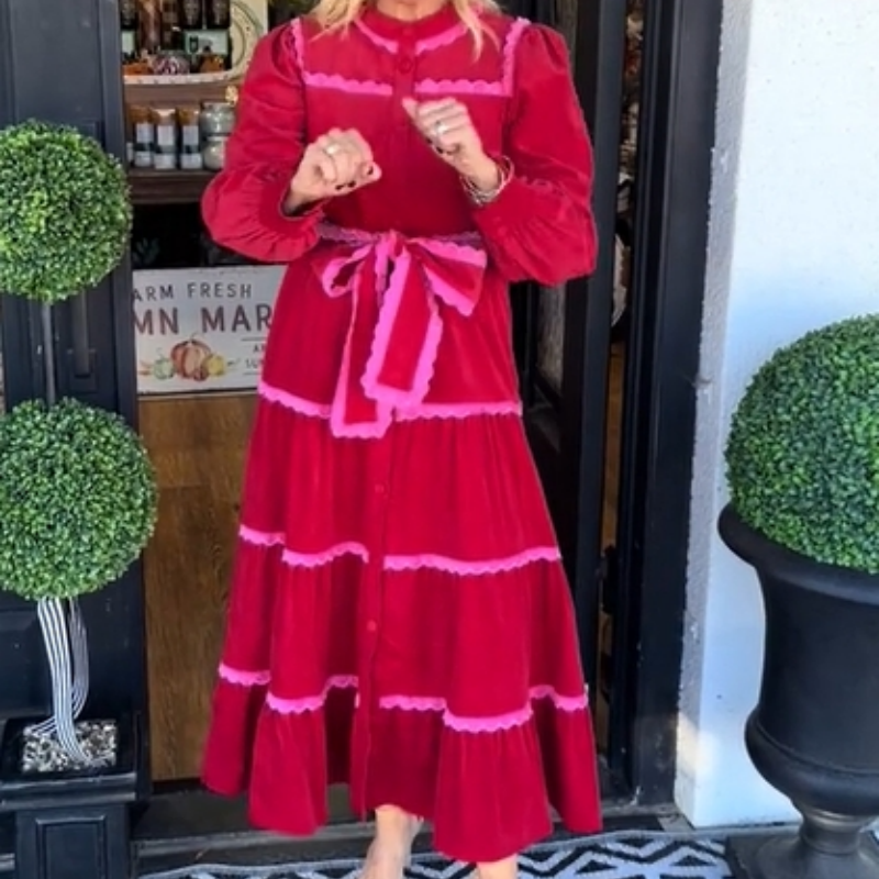 Women's Fashion Bow Tie Waist Long Sleeve Dresses