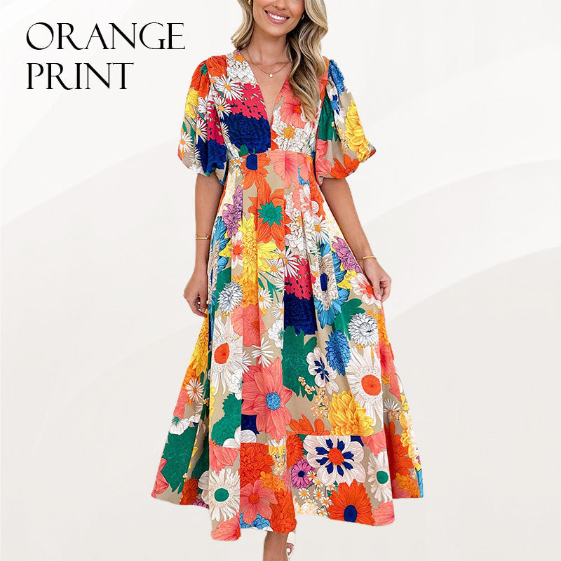 Floral Puff Sleeve A-Line Maxi Dress