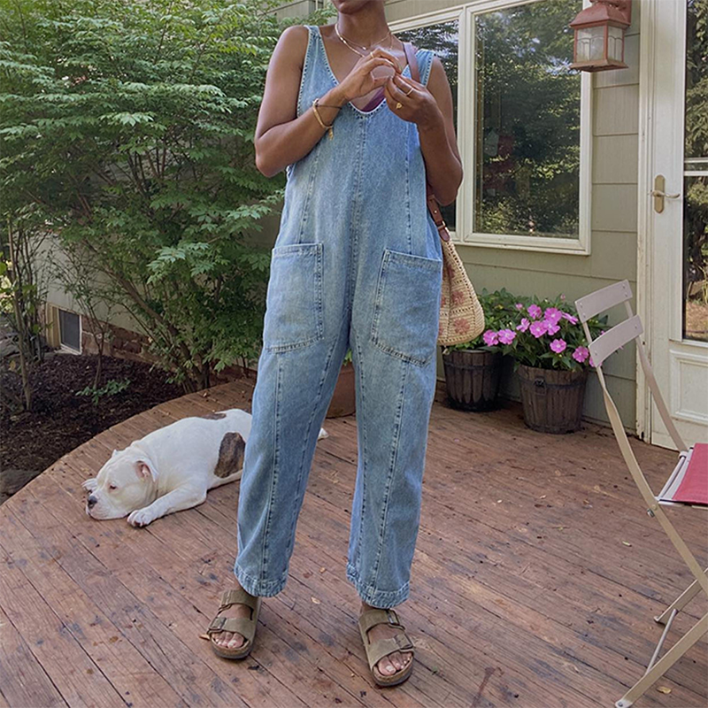 Women's Casual V-Neck Long Denim Overalls