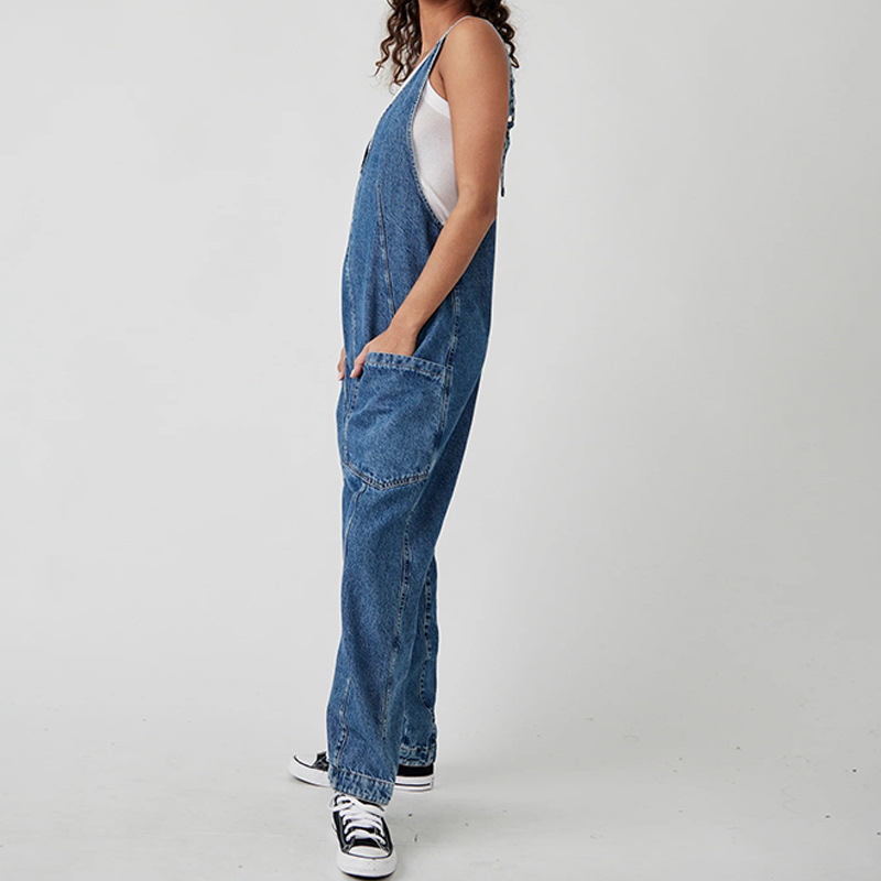 Women's Casual V-Neck Long Denim Overalls