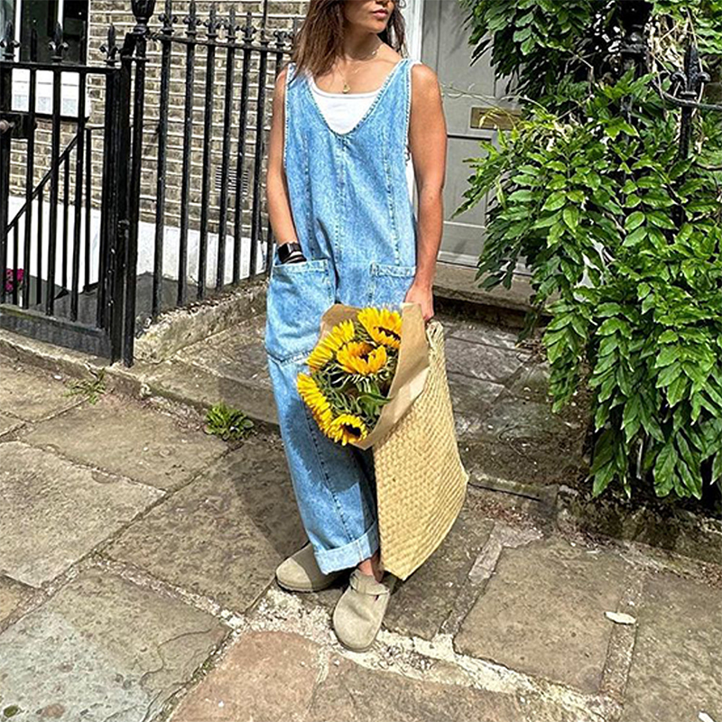 Women's Casual V-Neck Long Denim Overalls