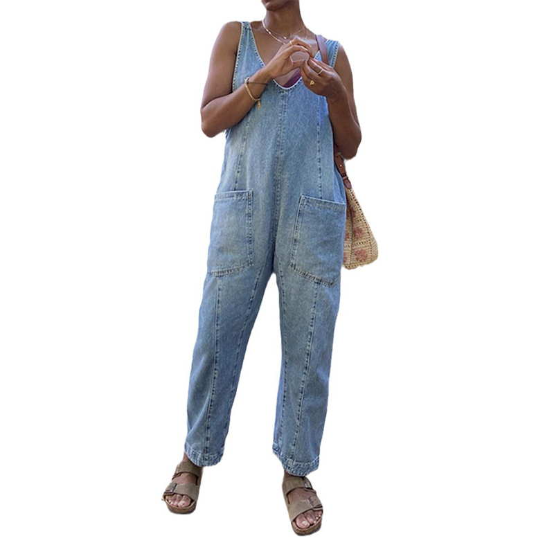 Women's Casual V-Neck Long Denim Overalls