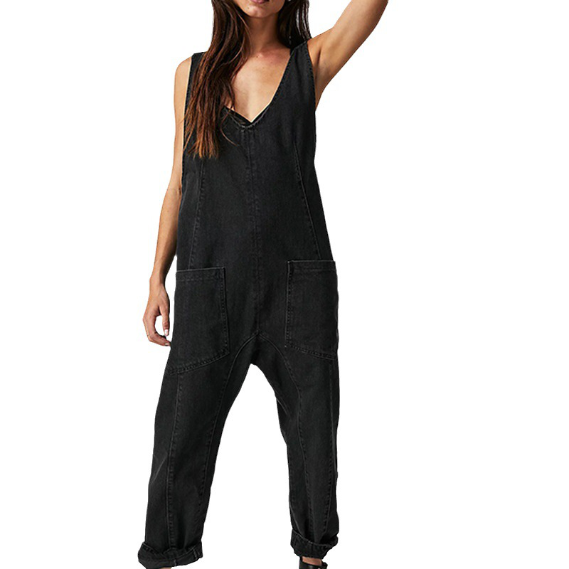 Women's Casual V-Neck Long Denim Overalls