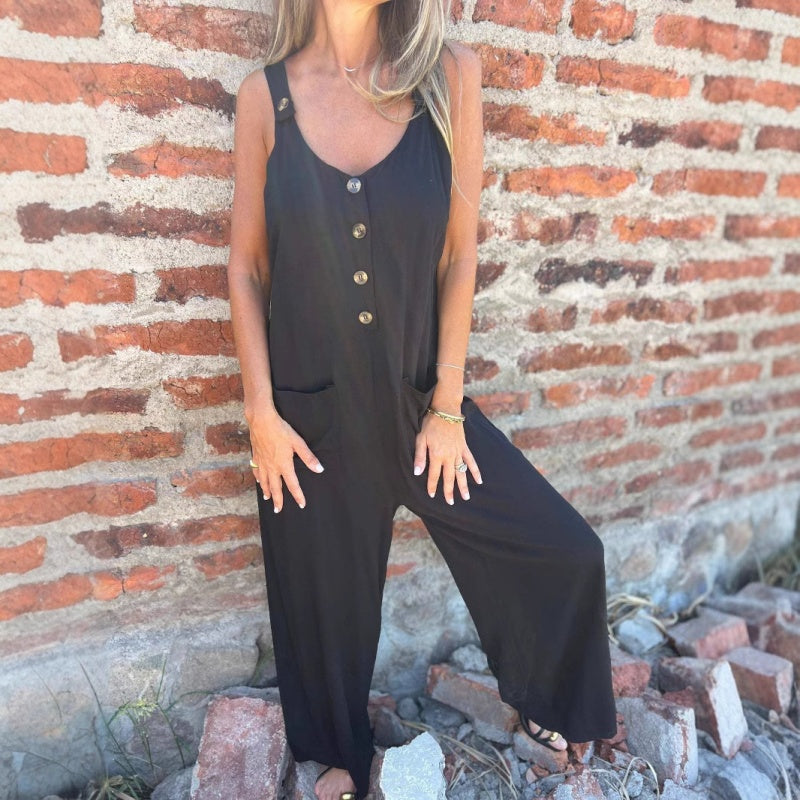Women's Buttoned Casual Versatile Loose Jumpsuit