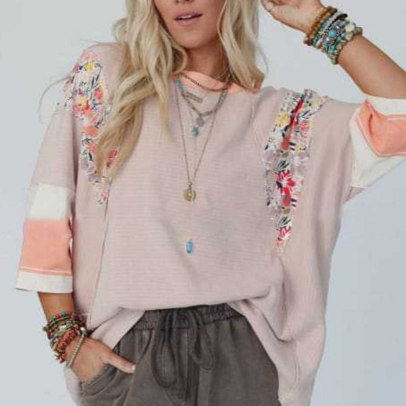 Women's Batwing 3/4 Sleeve Stripe Patchwork Blouse