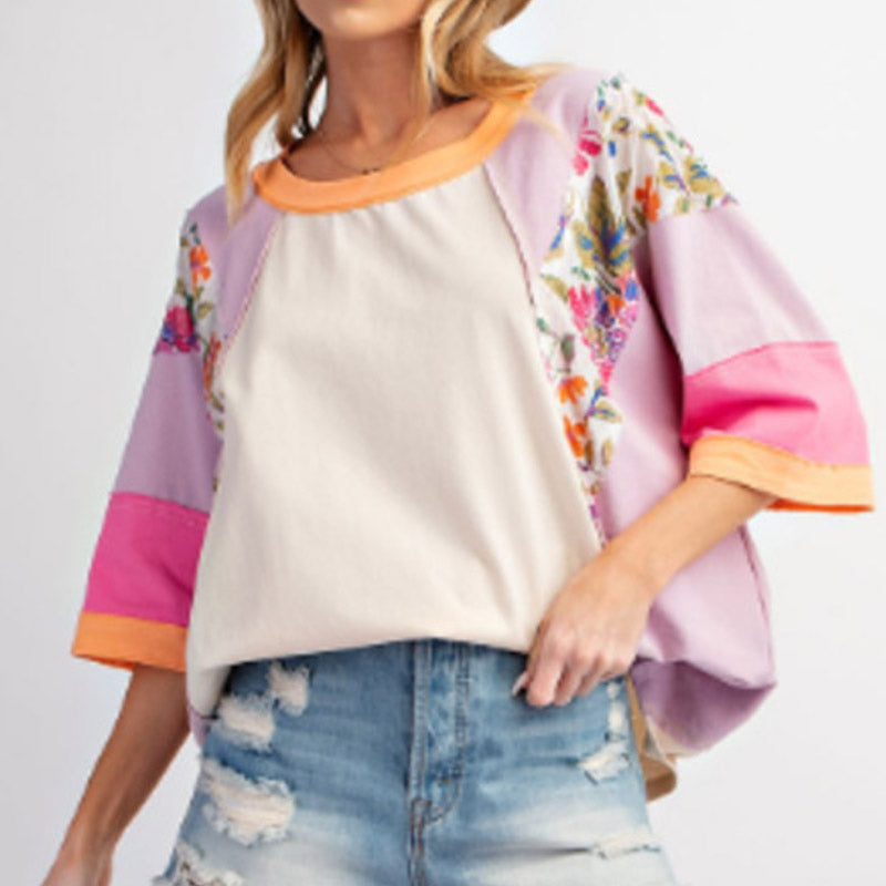 Women's Batwing 3/4 Sleeve Stripe Patchwork Blouse