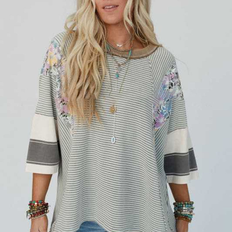 Women's Batwing 3/4 Sleeve Stripe Patchwork Blouse