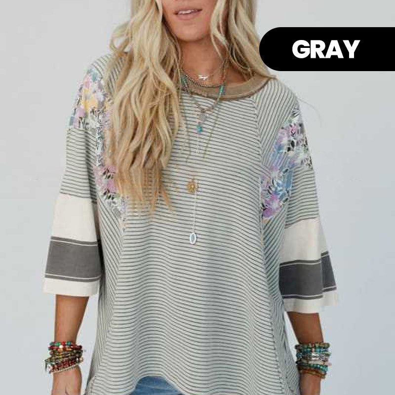 Women's Batwing 3/4 Sleeve Stripe Patchwork Blouse