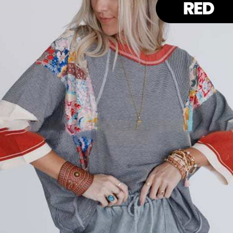 Women's Batwing 3/4 Sleeve Stripe Patchwork Blouse