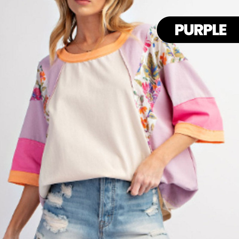 Women's Batwing 3/4 Sleeve Stripe Patchwork Blouse