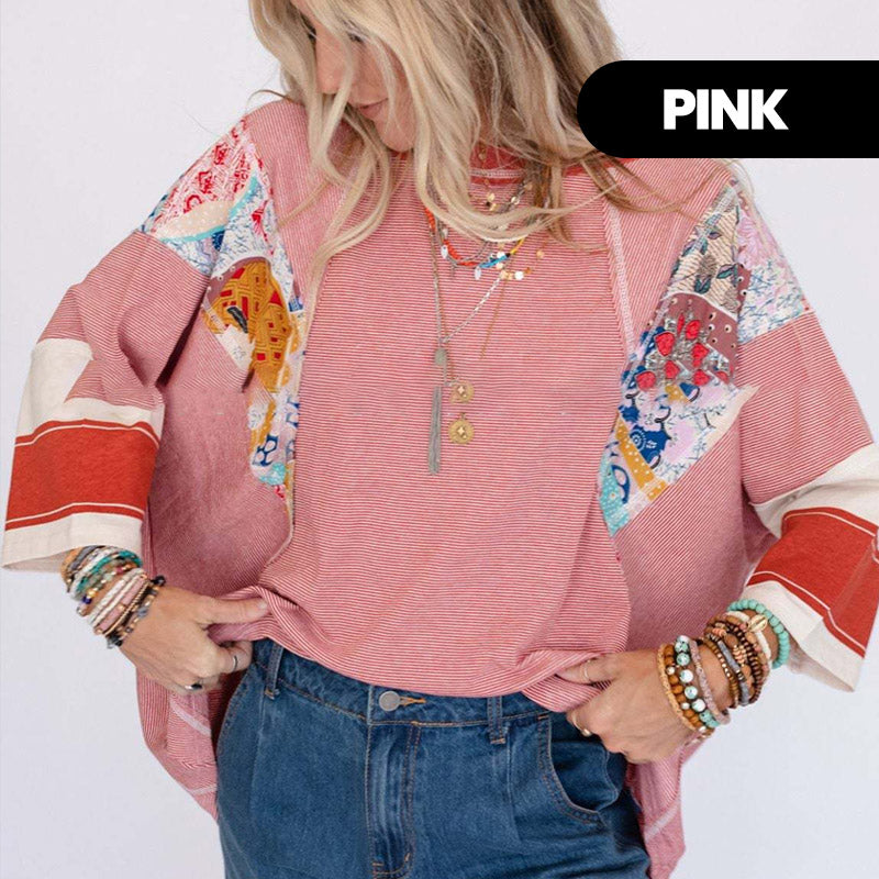 Women's Batwing 3/4 Sleeve Stripe Patchwork Blouse