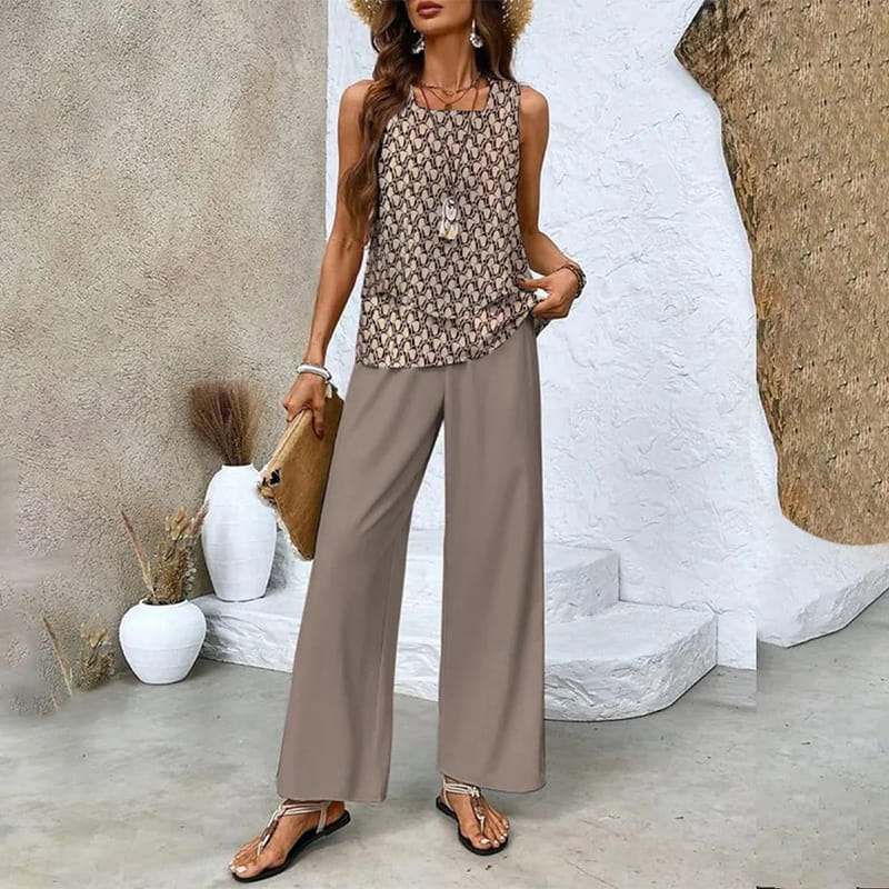 🔥 Hot Sale 49% OFF! 🌺 Women’s Trendy Print 2-Piece Outfit – Sleeveless Top & Pants Combo!"