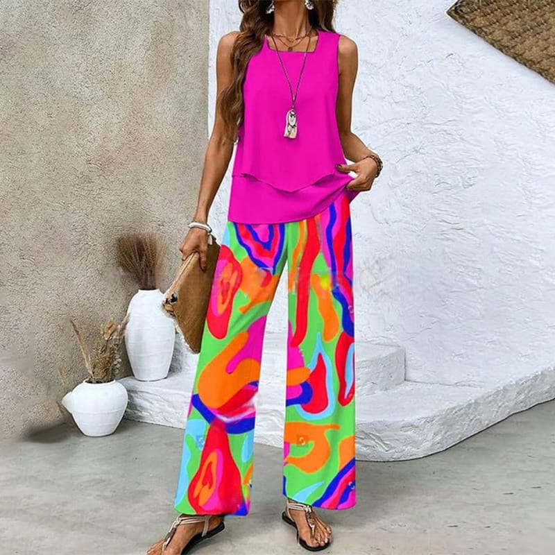 🔥 Hot Sale 49% OFF! 🌺 Women’s Trendy Print 2-Piece Outfit – Sleeveless Top & Pants Combo!"