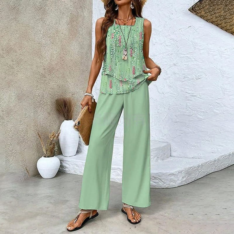 🔥 Hot Sale 49% OFF! 🌺 Women’s Trendy Print 2-Piece Outfit – Sleeveless Top & Pants Combo!"