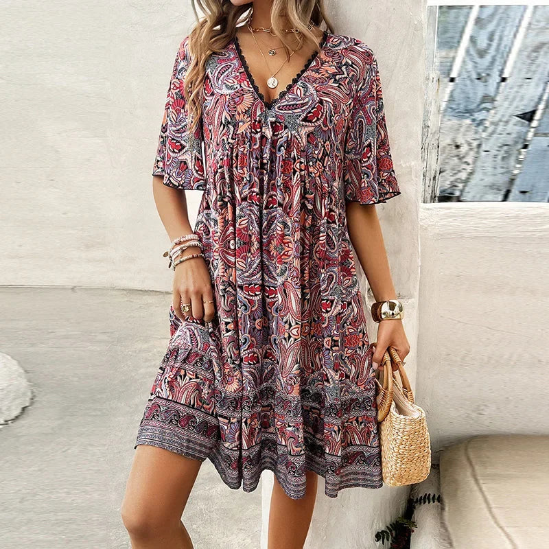 🔥BUY 2 GET 10% OFF👗Women’s Flower Print V Neck Short Sleeve Mini Dress