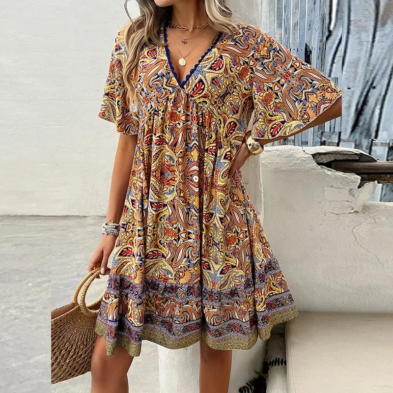 🔥BUY 2 GET 10% OFF👗Women’s Flower Print V Neck Short Sleeve Mini Dress