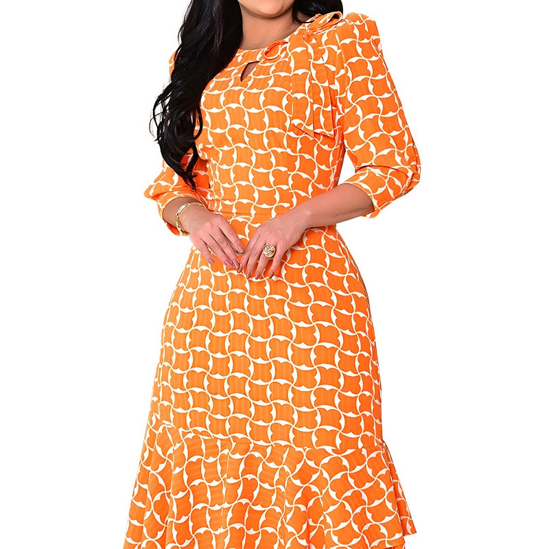 💕Limited Time 50% Off💕Women’s Trendy Orange Printed Dress with 3/4 Sleeves
