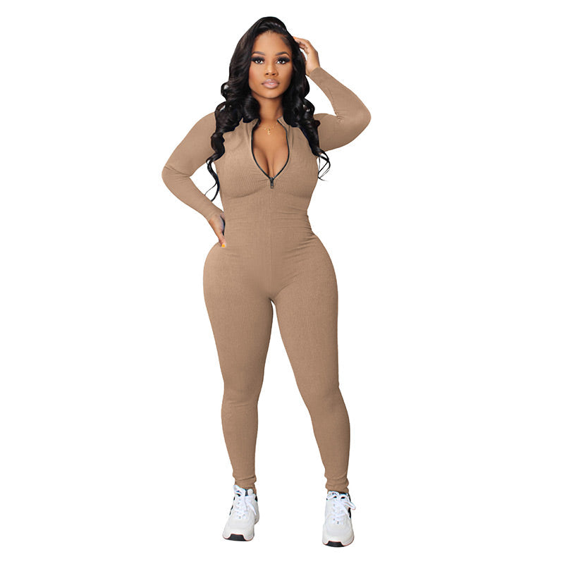 Solid Color Half Zip Seamless Jumpsuit