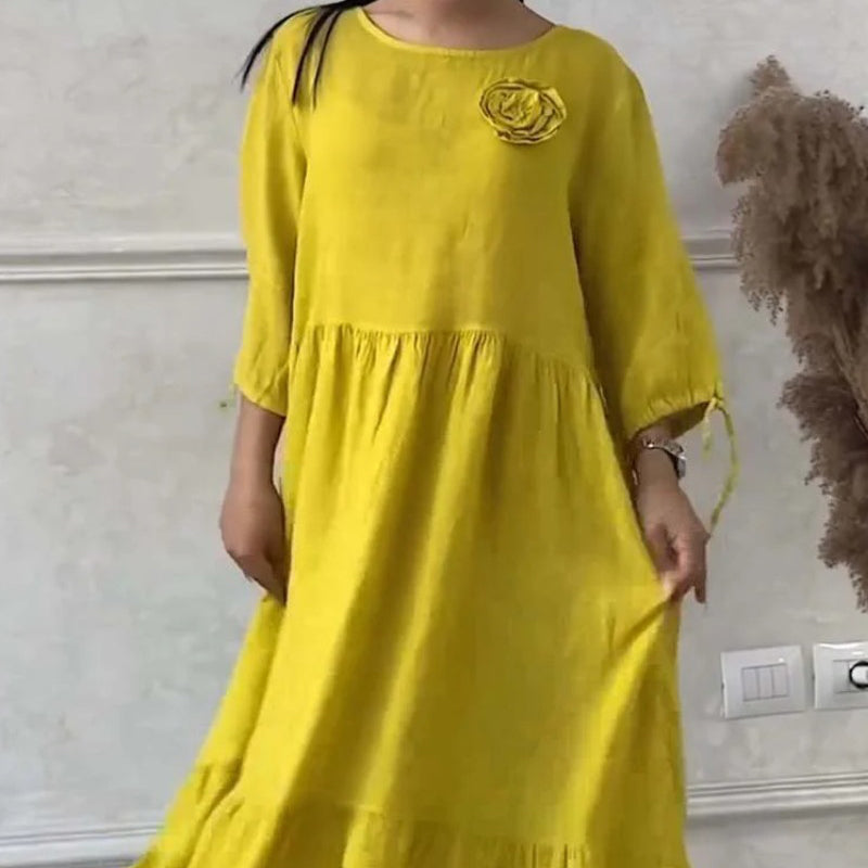 Women’s Elegant Round Neck Pleated Long Dress