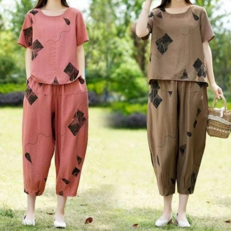 🎁Hot Sale 49% Off🌸 Women’s Printed Short-Sleeved Top & Cropped Pants Set ✨👚👖