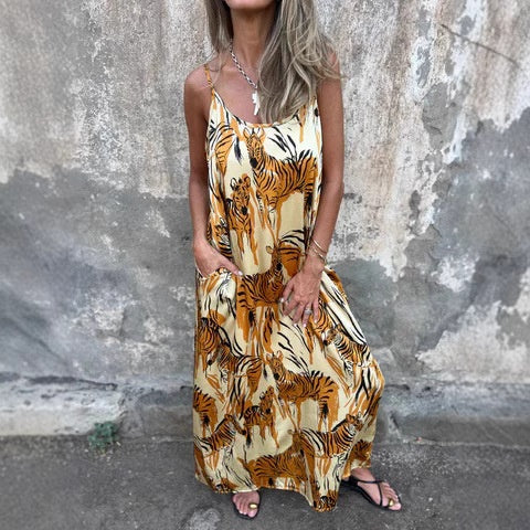 Women's Printed Spaghetti Strap Backless Dress