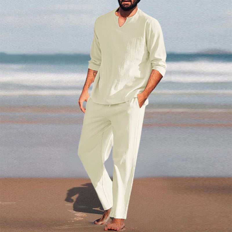 Men's Solid V-Neck Top & Pants 2-Piece Set